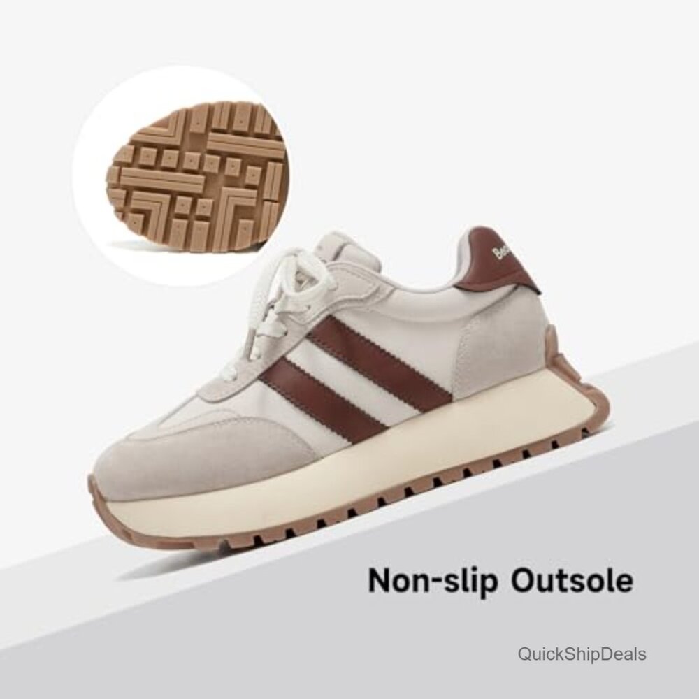 Genuine Leather Chunky Platform Retro Sneakers, Non-Slip Walking Shoes - Picture 5 of 7